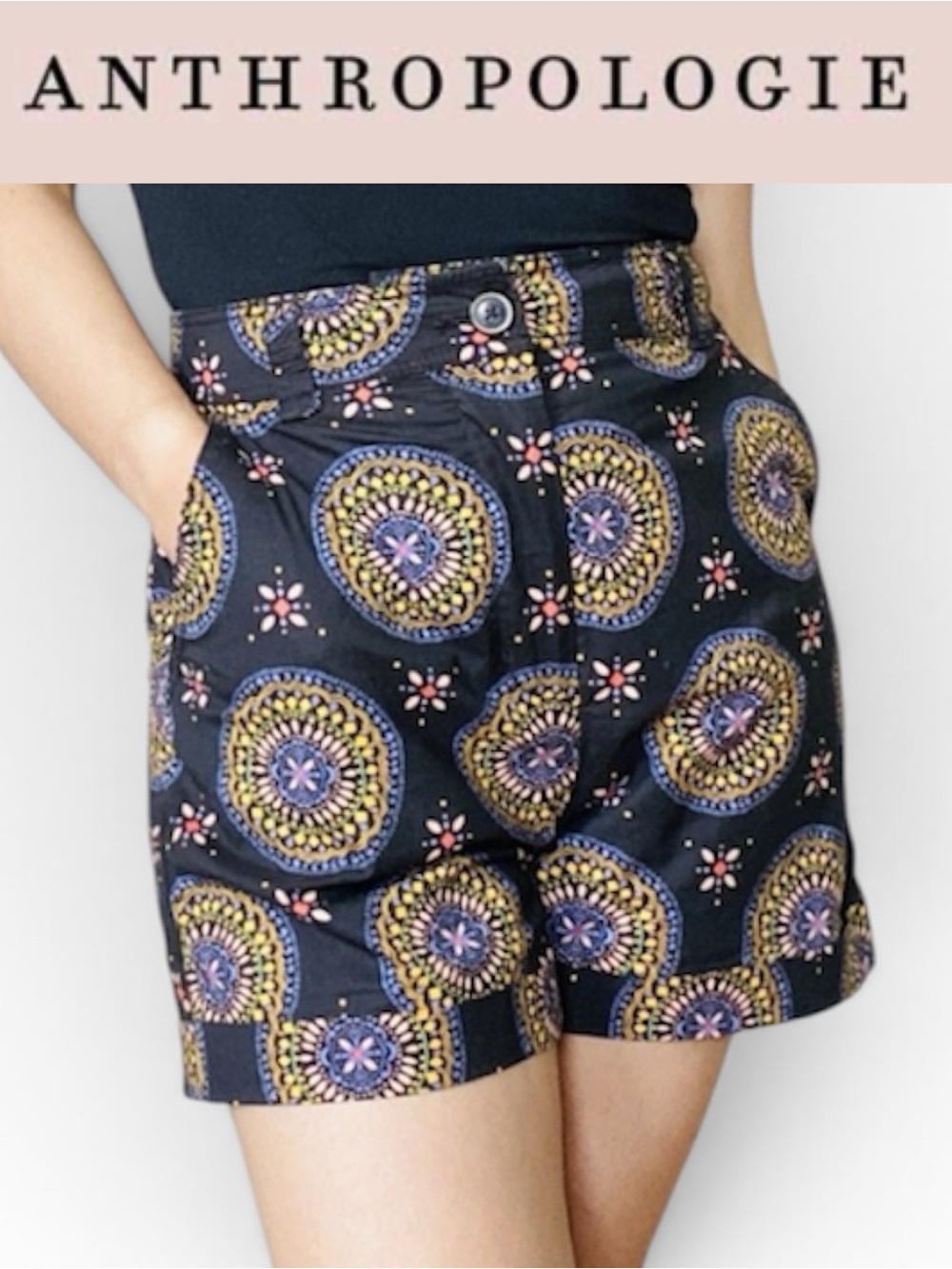 ANTHROPOLOGIE MAEVE BLACK MEDALLION ABSTRACT CUFFED CITY SHORTS SIZE 4 **NWT**